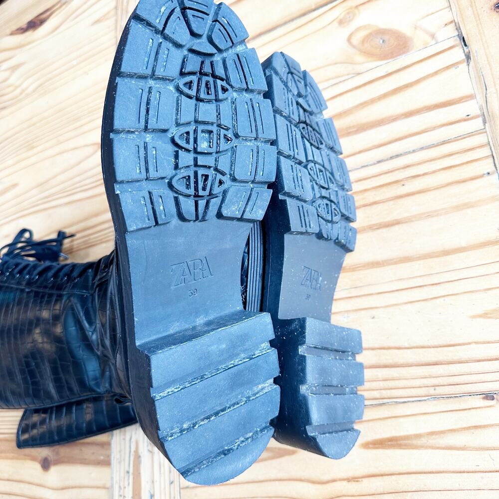 Zara Black Croc Embossed Combat Boots Platform Lug Sole Lace Up EU 39 US 8 - Picture 9 of 12